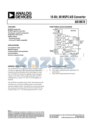 AD10678/PCB datasheet - 16-Bit, 80 MSPS A/D Converter
