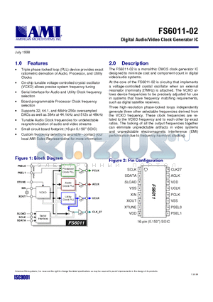 FS6011-02 datasheet - DIGITAL AUDIO/VIDEO CLOCK GENERATOR IC