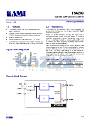 FS6209-01 datasheet - DUAL PLL VCXO CLOCK GENERATOR IC
