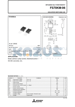 FS70KM-06 datasheet - Nch POWER MOSFET HIGH-SPEED SWITCHING USE