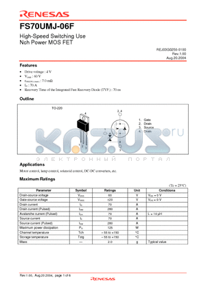 FS70UMJ-06F datasheet - High-Speed Switching Use Nch Power MOS FET