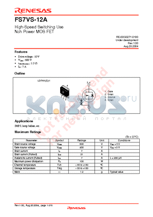 FS7VS-12A-T11 datasheet - High-Speed Switching Use Nch Power MOS FET