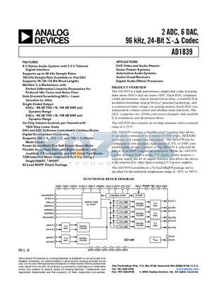 EVAL-AD1839EB datasheet - 2 ADC, 6 DAC, 96 kHz, 24-Bit sigma-delta Codec