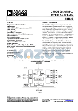 EVAL-AD1928EBZ datasheet - 2 ADC/8 DAC with PLL, 192 kHz, 24-Bit Codec