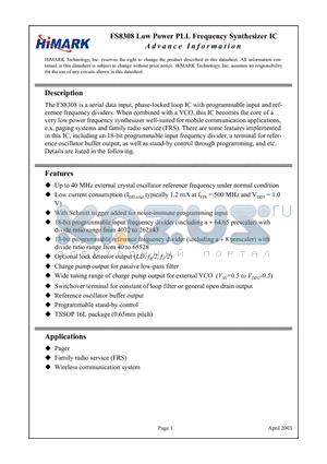 FS8308 datasheet - Low Power PLL Frequency Synthesizer IC