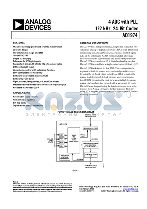 EVAL-AD1974EB datasheet - 4 ADC with PLL, 192 kHz, 24-Bit Codec