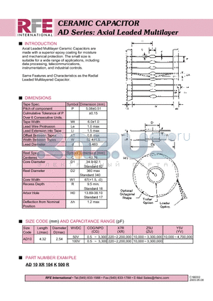 AD10XR104K500R datasheet - CERAMIC CAPACITOR AD Series: Axial Leaded Multilayer