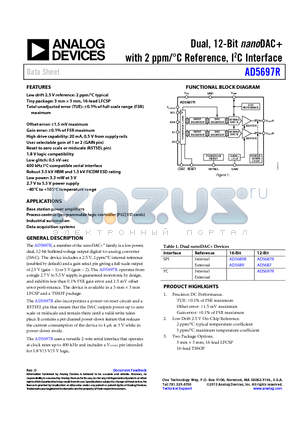 EVAL-AD5697RSDZ datasheet - Dual, 12-Bit nanoDAC with 2 ppm/`C Reference, I2C Interface