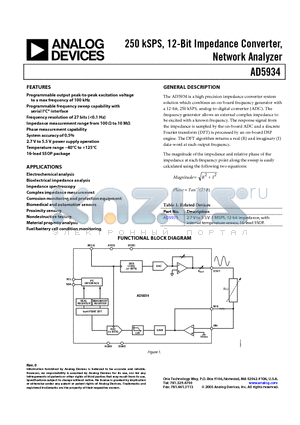 EVAL-AD5934EB datasheet - 250 kSPS, 12-Bit Impedance Converter, Network Analyzer