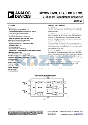 EVAL-AD7156EBZ datasheet - Ultralow Power, 1.8 V, 3 mm  3 mm, 2-Channel Capacitance Converter
