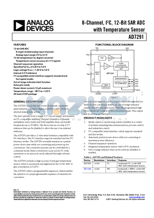 EVAL-AD7291SDZ datasheet - 8-Channel, I2C, 12-Bit SAR ADC with Temperature Sensor