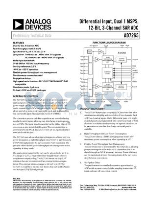 EVAL-AD7265CB1 datasheet - Differential Input, Dual 1 MSPS, 12-Bit, 3-Channel SAR ADC