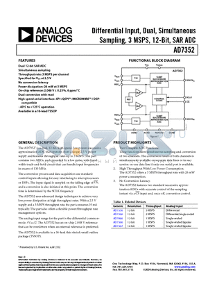 EVAL-AD7352EDZ datasheet - Differential Input, Dual, Simultaneous Sampling, 3 MSPS, 12-Bit, SAR ADC