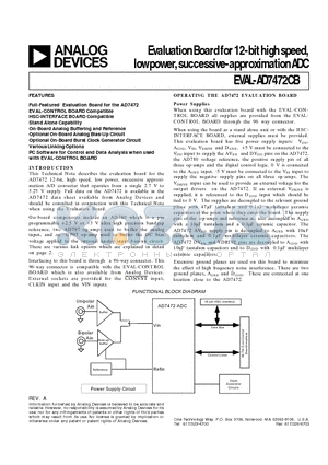 EVAL-AD7472 datasheet - Evaluation Board for 12-bit high speed, low power, successive-approximation ADC