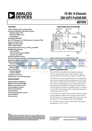 EVAL-AD7699CBZ datasheet - 16-Bit, 8-Channel, 500 kSPS PulSAR ADC