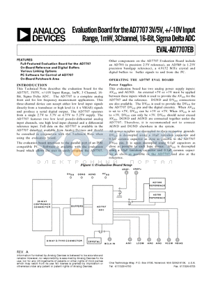 EVAL-AD7707EB datasheet - Evaluation Board for the AD7707 3V/5V, /-10V Input Range, 1mW, 3Channel, 16-Bit, Sigma Delta ADC