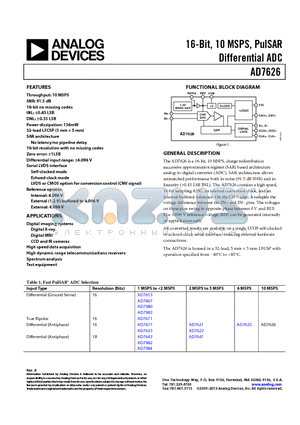 EVAL-AD7626EDZ datasheet - 16-Bit, 10 MSPS, PulSAR Differential ADC