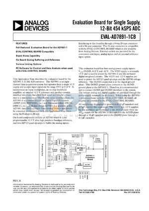EVAL-AD7891-1CB datasheet - Evaluation Board for Single Supply, 12-Bit 454 kSPS ADC