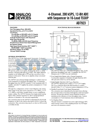 EVAL-AD7923CB2 datasheet - 4-Channel, 200 kSPS, 12-Bit ADC with Sequencer in 16-Lead TSSOP