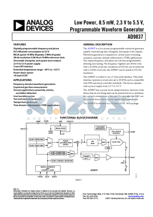 EVAL-AD9837SDZ datasheet - Low Power, 8.5 mW, 2.3 V to 5.5 V, Programmable Waveform Generator