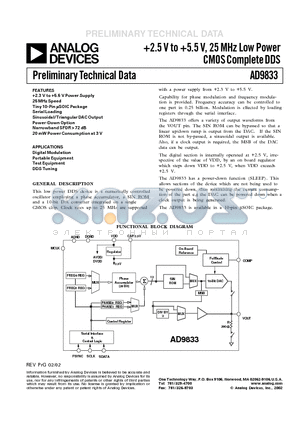 EVAL-AD9833EB datasheet - 2.5 V to 5.5 V, 25 MHz Low Power CMOS Complete DDS