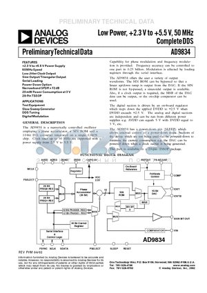 EVAL-AD9834EB datasheet - Low Power, 2.3 V to 5.5 V, 50 MHz Complete DDS