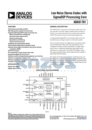 EVAL-ADAU1781Z datasheet - Low Noise Stereo Codec with SigmaDSP Processing Core