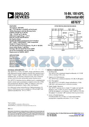 EVAL-AD7675CB datasheet - 16-Bit, 100 kSPS, Differential ADC