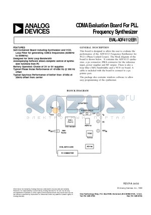 EVAL-ADF4112EB1 datasheet - CDMA Evaluation Board For PLL Frequency Synthesizer