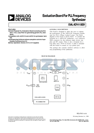 EVAL-ADF411XEB1 datasheet - Evaluation Board For PLL Frequency Synthesizer