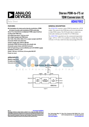 EVAL-ADAU7002Z datasheet - Stereo PDM-to-I2S or TDM Conversion IC