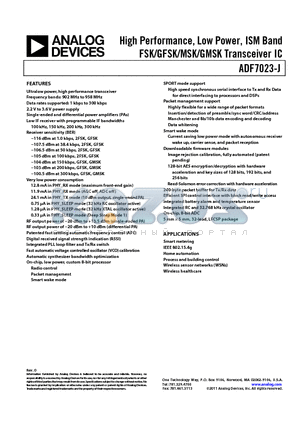 EVAL-ADF7023-JDB2Z datasheet - High Performance, Low Power, ISM Band FSK/GFSK/MSK/GMSK Transceiver IC