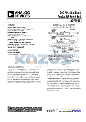 EVAL-ADF9010EBZ datasheet - 900 MHz ISM Band Analog RF Front End