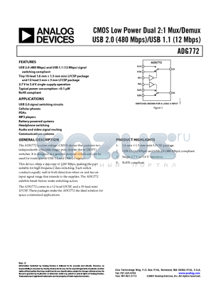 EVAL-ADG772EBZ datasheet - CMOS Low Power Dual 2:1 Mux/Demux USB 2.0 (480 Mbps)/USB 1.1 (12 Mbps)