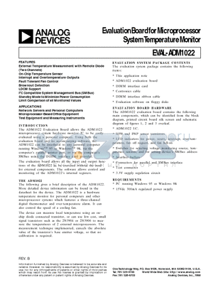 EVAL-ADM1022 datasheet - Evaluation Board for Microprocessor System Temperature Monitor