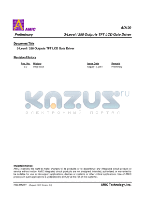 AD120 datasheet - 3-Level / 258 Outputs TFT LCD Gate Driver