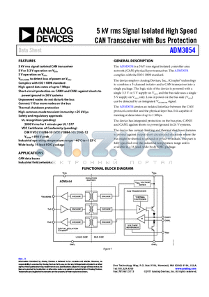 EVAL-ADM3054EBZ datasheet - 5 kV rms Signal Isolated High Speed CAN Transceiver with Bus Protection