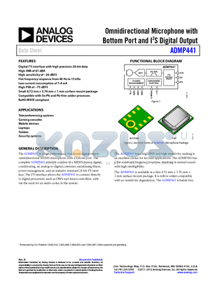 EVAL-ADMP441Z datasheet - Omnidirectional Microphone with Bottom Port and I2S Digital Output
