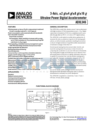 EVAL-ADXL346Z datasheet - 3-Axis, a2 g/a4 g/a8 g/a16 g Ultralow Power DIgital Accelerometer