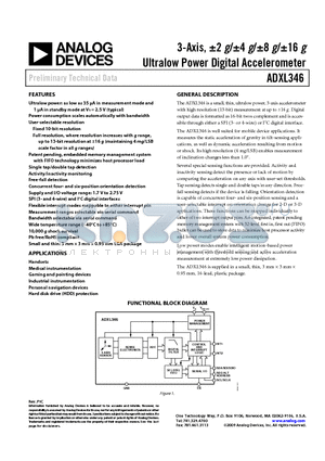 EVAL-ADXL346Z-S datasheet - 3-Axis, a2 g/a4 g/a8 g/a16 g Ultralow Power Digital Accelerometer