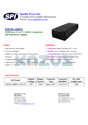 AD150-ABBN1-ATC25 datasheet - 150 Watts Power Adapter High efficiency and reliability