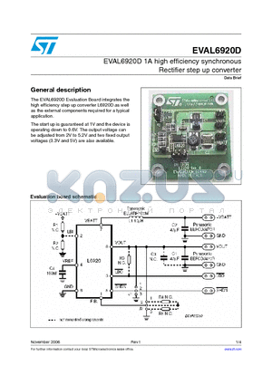 EVAL6920D datasheet - EVAL6920D 1A high efficiency synchronous Rectifier step up converter