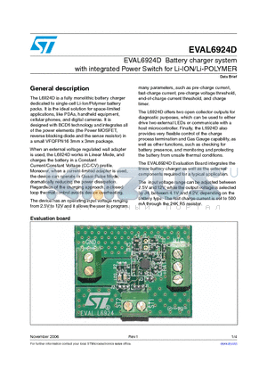 EVAL6924D datasheet - EVAL6924D Battery charger system with integrated Power Switch for Li-ION/Li-POLYMER