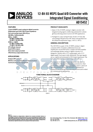 AD15452BBC datasheet - 12-Bit 65 MSPS Quad A/D Converter with Integrated Signal Conditioning