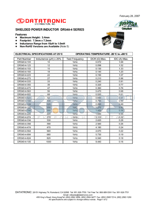 DR340-4-105 datasheet - SHIELDED POWER INDUCTOR