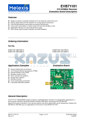 EVB71101-315-ASK-C datasheet - 315/433MHz Receiver Evaluation Board Description