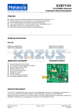 EVB71101-868-ASK-C datasheet - 315/433MHz Receiver Evaluation Board Description