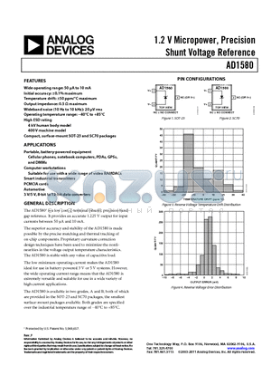 AD1580 datasheet - 1.2 V Micropower, Precision