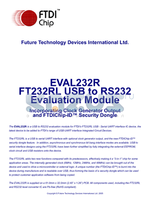 EVAL232R datasheet - FT232RL USB to RS232 Evaluation Module