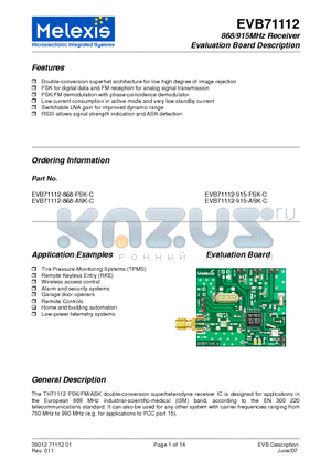 EVB71112-315-ASK-C datasheet - 868/915MHz Receiver Evaluation Board Description